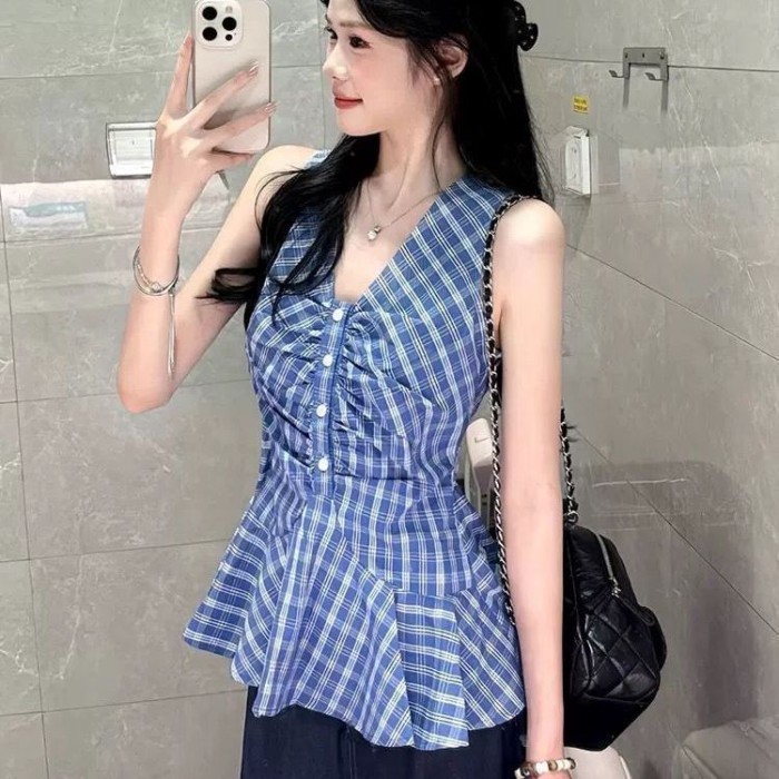Áo vest kẻ sọc xanh cho nữ mùa hè phong cách mới Cổ chữ V kiểu Pháp thuần khiết ham muốn phon
