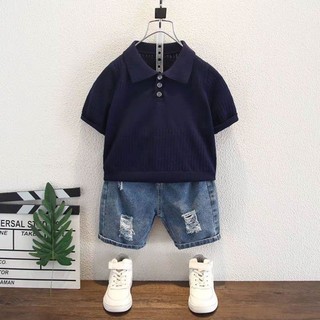 Bé Trai Màu Ice Silk Polo Dệt Kim Top Mùa Hè Ngắn Tay Áo Thun Mỏng Đa Năng Cổ Ve Áo Sơ Mi