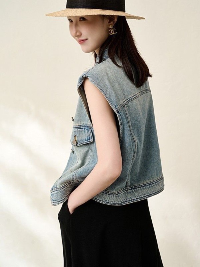 Lan Retro Áo Vest Denim Xuân Thu, Cổ Đứng và Miếng Lót Vai, Thích Hợp Thời Trang