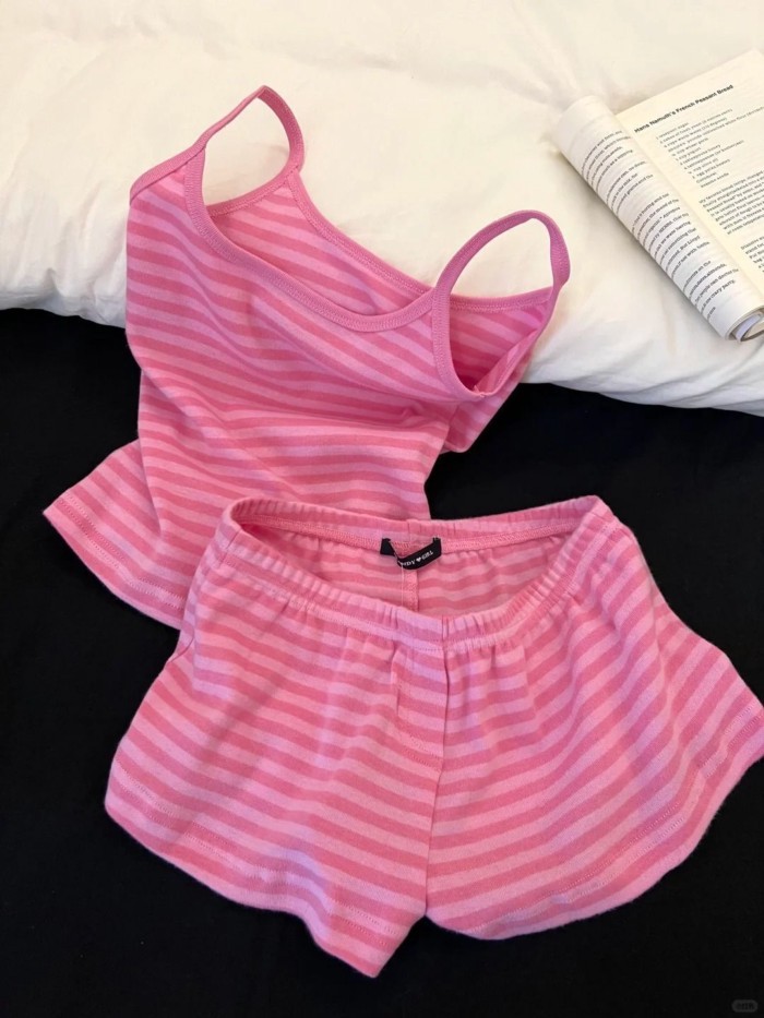 Bộ đồ ngủ có dây đeo sọc cho nữ mùa hè quần short vest mặc nhà