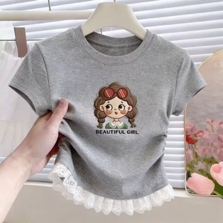 Áo ren nối mùa hè cho bé gái phong cách Hàn Quốc tay ngắn in hoạt hình thiết kế xếp ly dáng ôm vừa