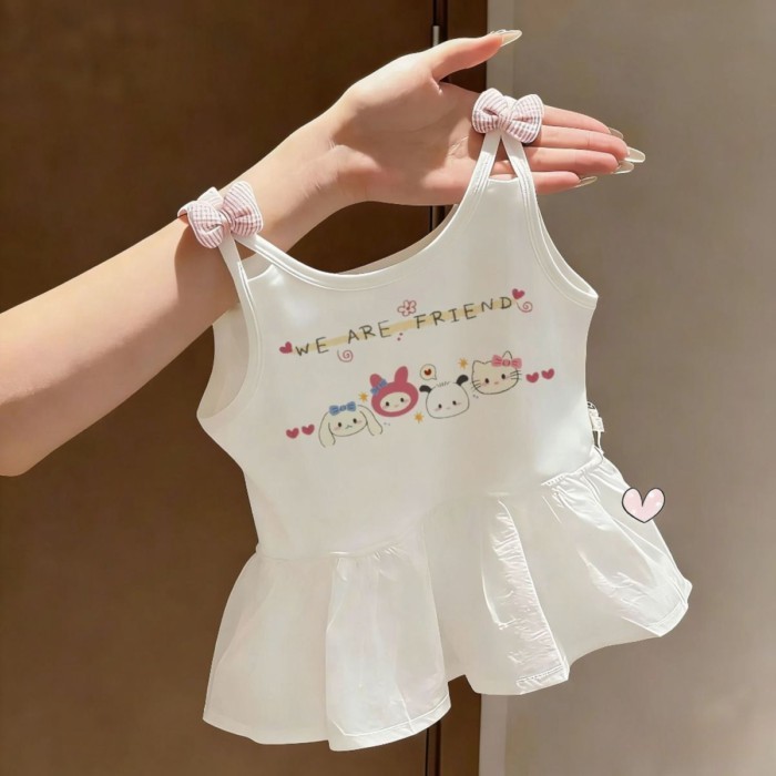 Mùa Hè Mới Phong Cách Hoạt Hình Phong Cách Bé Gái Quần Áo Trẻ Em Bé Nơ Dễ Thương Vest Không Tay