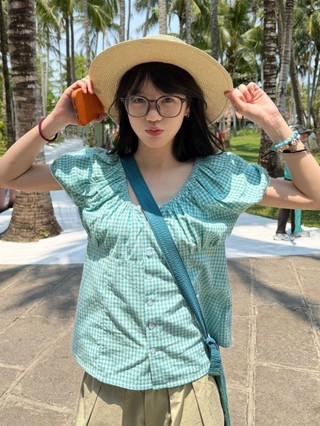 Áo sơ mi ngắn tay kiểu dáng cổ điển văn học hàn quốc thiết kế cổ điển dành cho nữ áo sơ mi kẻ
