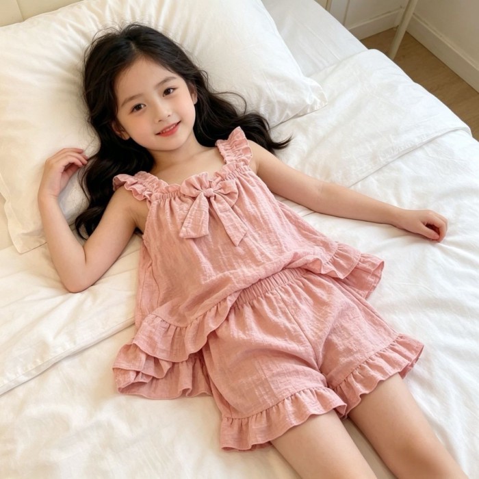 Bộ Đồ Ngủ Trẻ Em Dây Treo Mùa Hè Bé Gái Nơ Phong Cách Hàn Quốc Phong Cách Công Chúa Dễ Thương