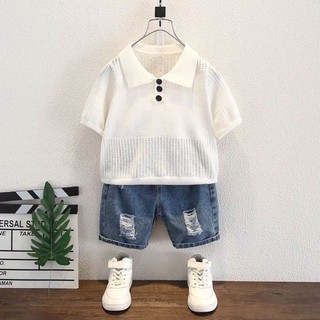 Bé Trai Màu Ice Silk Polo Dệt Kim Top Mùa Hè Ngắn Tay Áo Thun Mỏng Đa Năng Cổ Ve Áo Sơ Mi