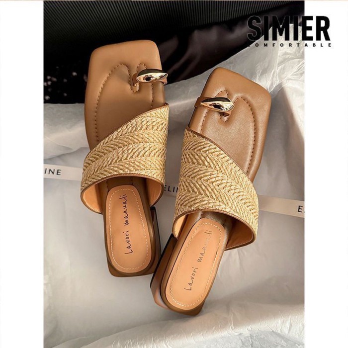 Lan ~ Smile Đi đến cuộc hẹn mùa hè Phong cách kỳ nghỉ Dệt Flip-Flops Gót dày Mặc bên ngoài Dép phong cách mới của Pháp
