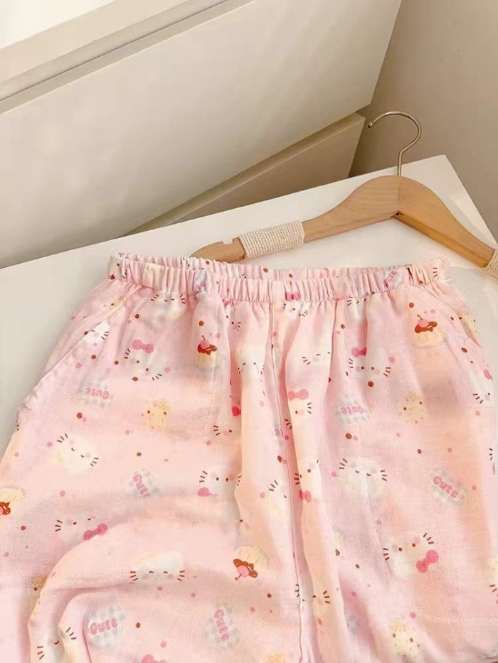 Dễ Thương In Hình Hello Kitty Dài Tay Cloud Cotton Mùa Ngọt Quần Mỏng Trẻ Em Mặc Ở Nhà Hai Bộ