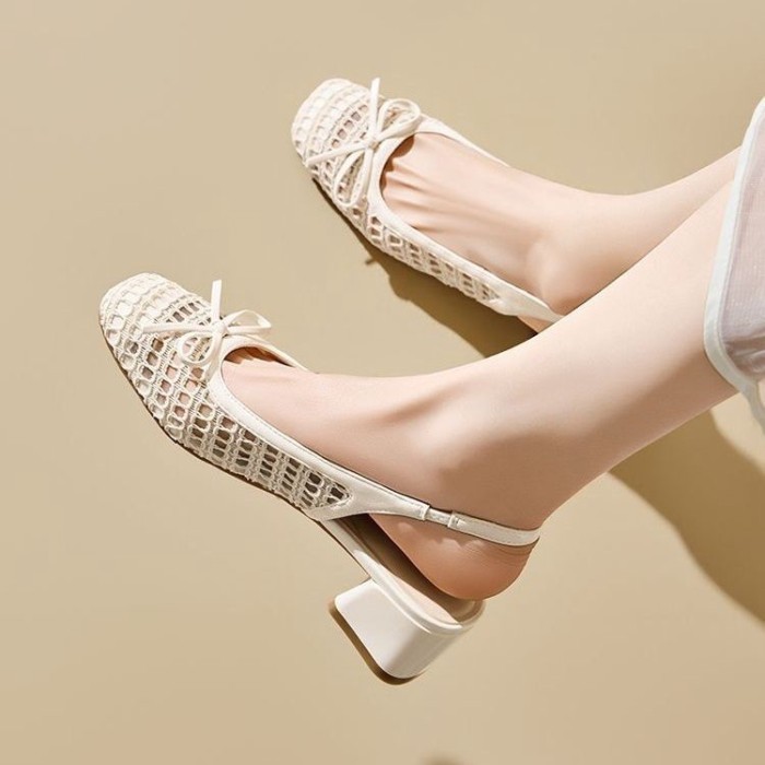 Giày Sandal Nữ Ice Silk Giày Cao Gót Gót Dày Dép Dệt Lưới Rỗng Giày Đơn Dây Quai Mũi Xăng Đan