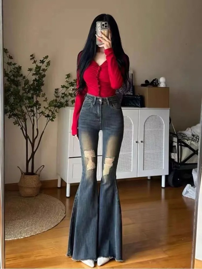Lan ~ American Retro Hot Girl Rách Hơi Rách Quần Jean Nữ Xuân Thu Phong Cách Mới Cao Cấp Ôm Ôm Hơn Nhìn Rộng Chân Hồ