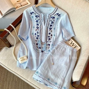 Set trang phục thời trang cao cấp, sơ mi xanh hoa ngọt ngào, set hai dây quần short ống rộng