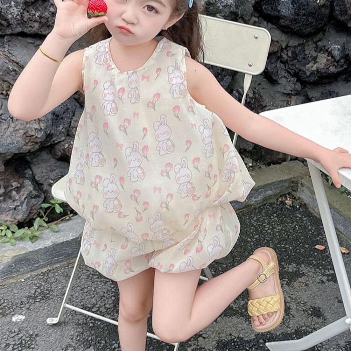 Bé Gái Mùa Hè Dễ Thương Ba Chiều Tai Thỏ Đầm Nữ Mới Hoạt Hình Thời Trang Không Tay Hoa