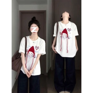 Áo thun ngắn tay dệt kim ba chiều Cô bé quàng khăn đỏ ngọt ngào và dễ thương dáng rộng giản d