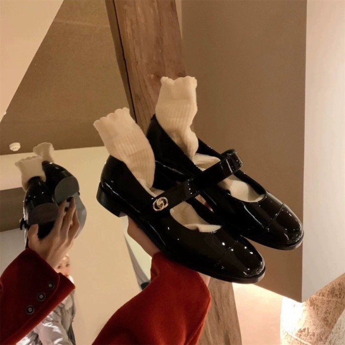 Giày Mary Jane khóa một dây dành cho nữ, giày da nhỏ bằng da sáng chế, giày bệt kiểu Pháp dành cho
