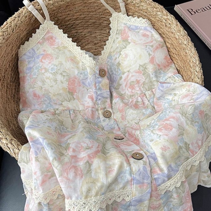 Bộ đồ ngủ kiểu mới có miếng đệm ngực, dây treo nữ, bộ hai mảnh hoa ngọt ngào mùa hè, dây treo