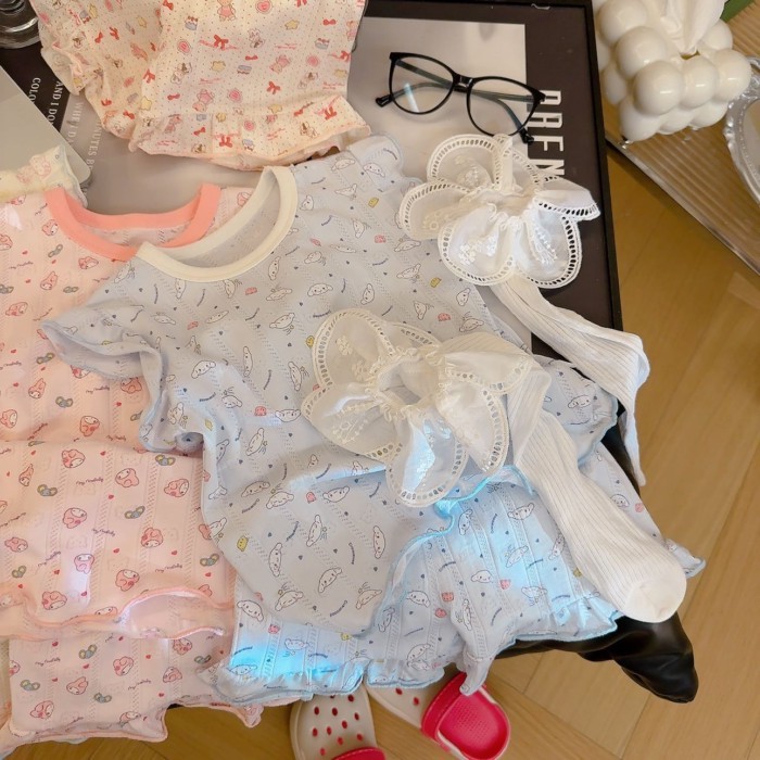 Bộ quần short ngắn tay cotton nguyên chất mùa hè dành cho bé gái vừa và lớn mới mặc ở nhà mặc