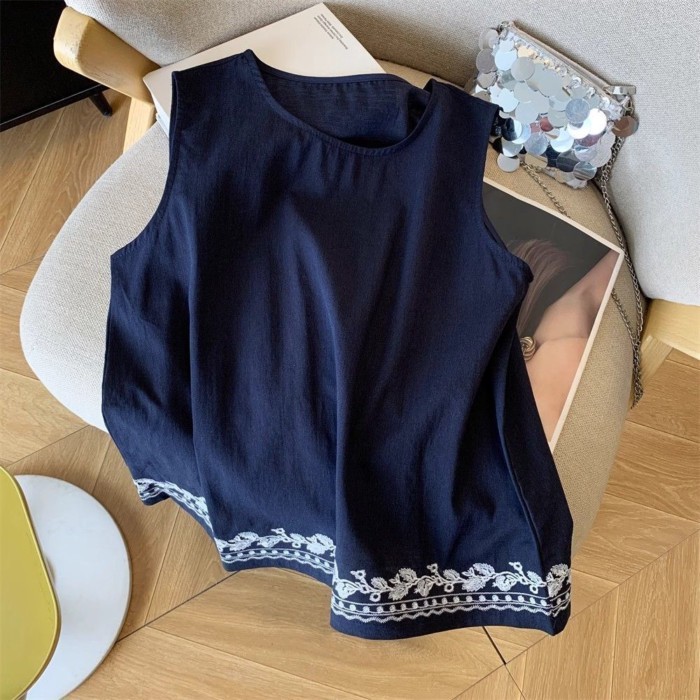 áo thun thêu bằng vải cotton và vải lanh công nghiệp nặng phong cách Trung Quốc mùa hè thời tran