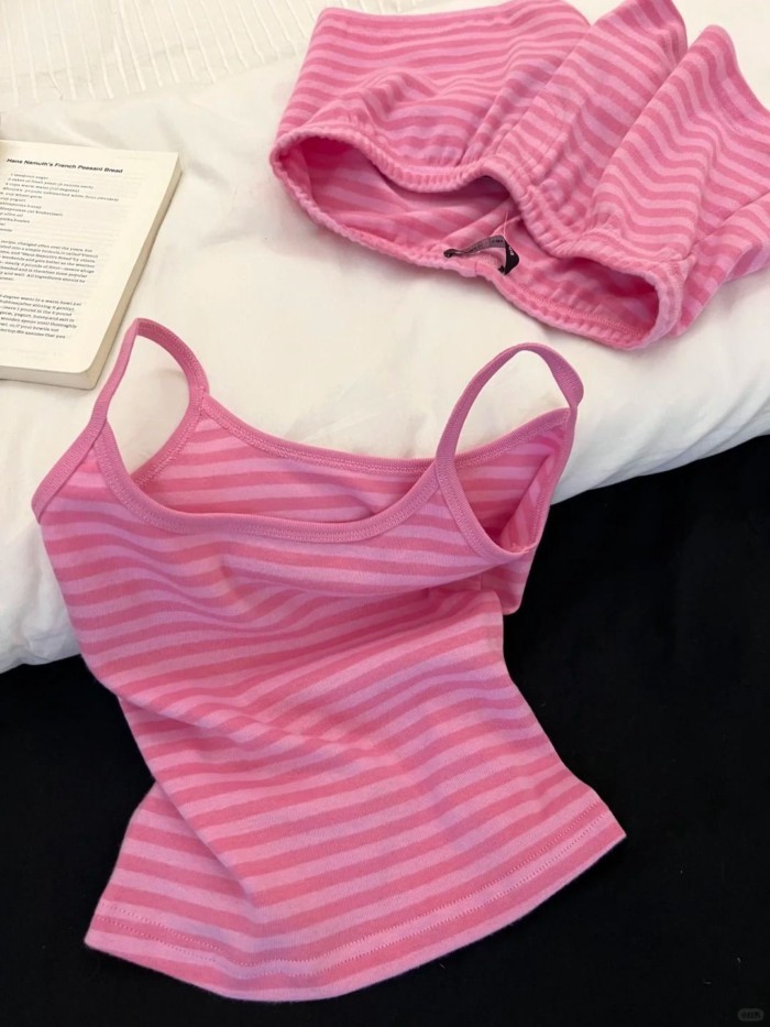 Bộ đồ ngủ có dây đeo sọc cho nữ mùa hè quần short vest mặc nhà