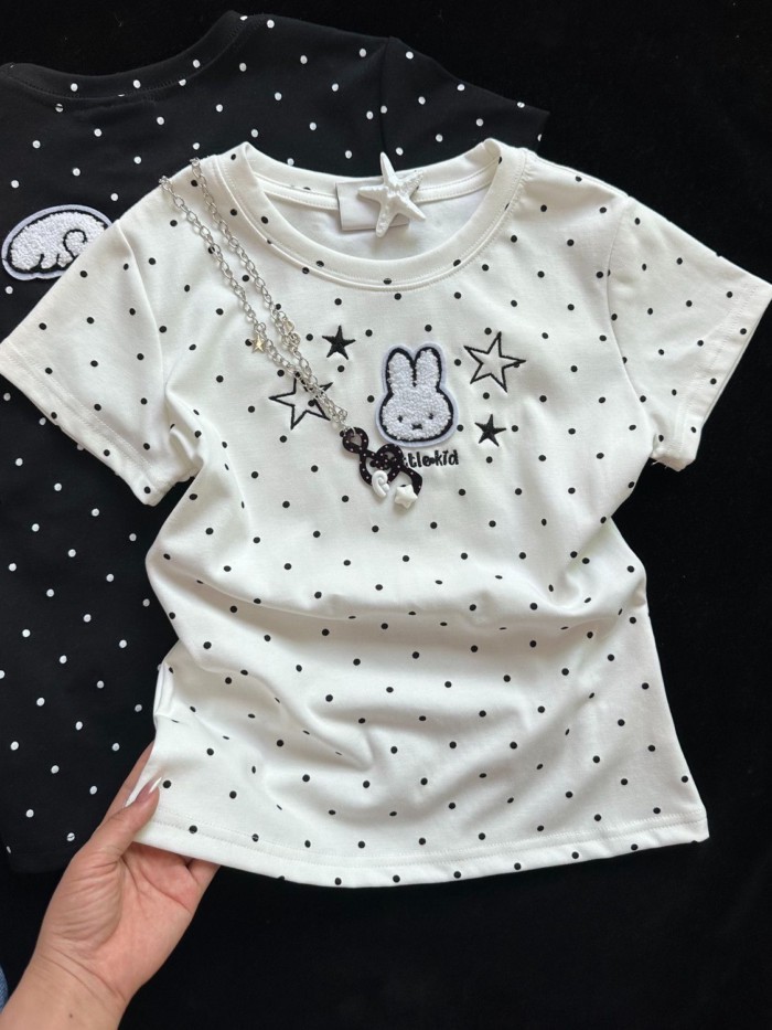 Hoạt Hình Dễ Thương In Hình Thỏ Chấm Bi Ngôi Sao Áo Thun Nữ Tay Ngắn Nữ Mùa Hè Slim Fit Đa Năng Y2K