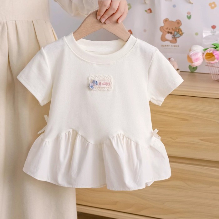 mẫu áo thun ngắn tay cổ tròn ngọt ngào dành cho bé gái mùa hè mới Áo thun viền lớn viền dễ thươn