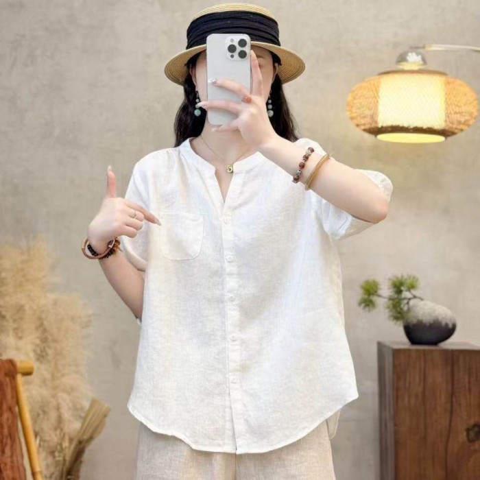 Áo sơ mi sạch sẽ ngắn tay bằng cotton và vải lanh cho nữ, áo sơ mi ôm một bên ngực, áo len dáng rộn