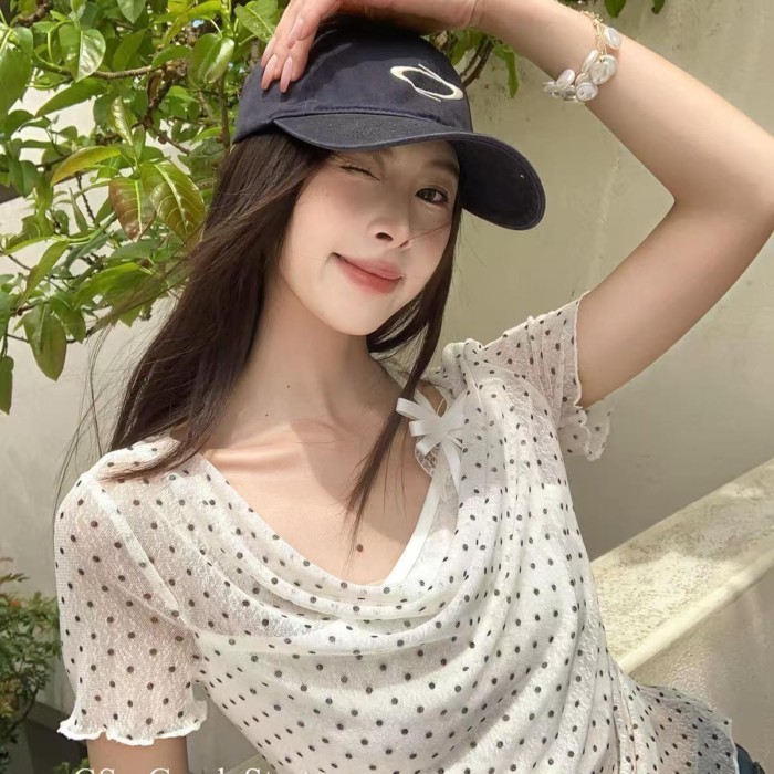 Áo thun hai mảnh giả ren chấm bi màu trắng khâu tay ngắn mới cho nữ Áo thun ôm vừa vặn mới