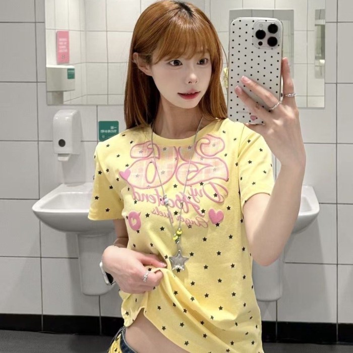 Áo thun ngắn tay in hình ngôi sao vàng của hot girl Hàn Quốc Mỹ cho nữ mặc mùa hè, áo giảm bé