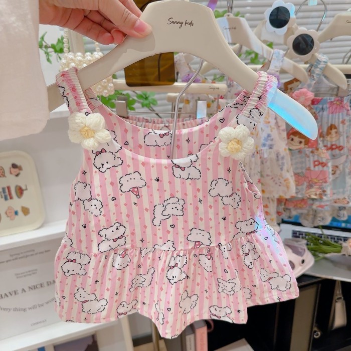 Suspender Bộ đồ ngắn lưng trái tim hoa in hình mùa hè Phim hoạt hình bé gái
