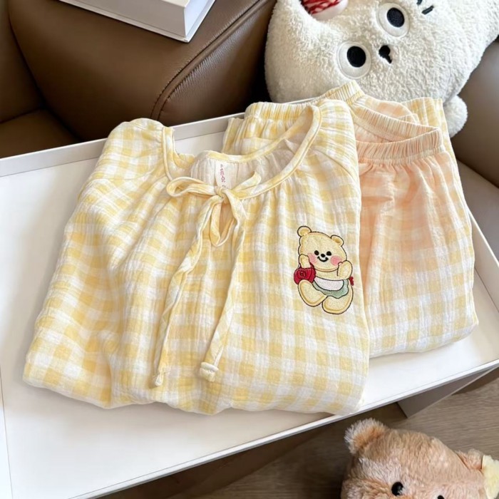Bộ đồ ngủ trẻ em mới dành cho trẻ em bằng vải cotton hình đám mây ngắn tay mùa hè hình gấu ho