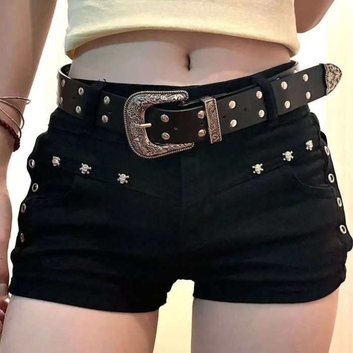 Quần denim nhỏ ôm sát hông y2k tối màu của Mỹ thiết kế đinh tán denim siêu quần short cho nữ