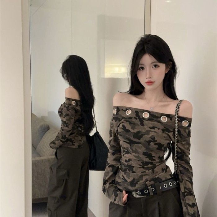 Lan Áo Sơ Mi Một Vai Phong Cách Retro Slim, Thiết Kế Ngụy Trang Dây Chéo Bả Vai