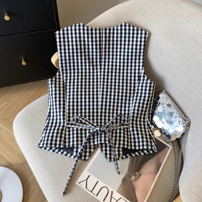 Áo buộc dây lưng sau cho nữ mặc vào mùa hè, áo cardigan ngắn vest đơn ngực cổ điển
