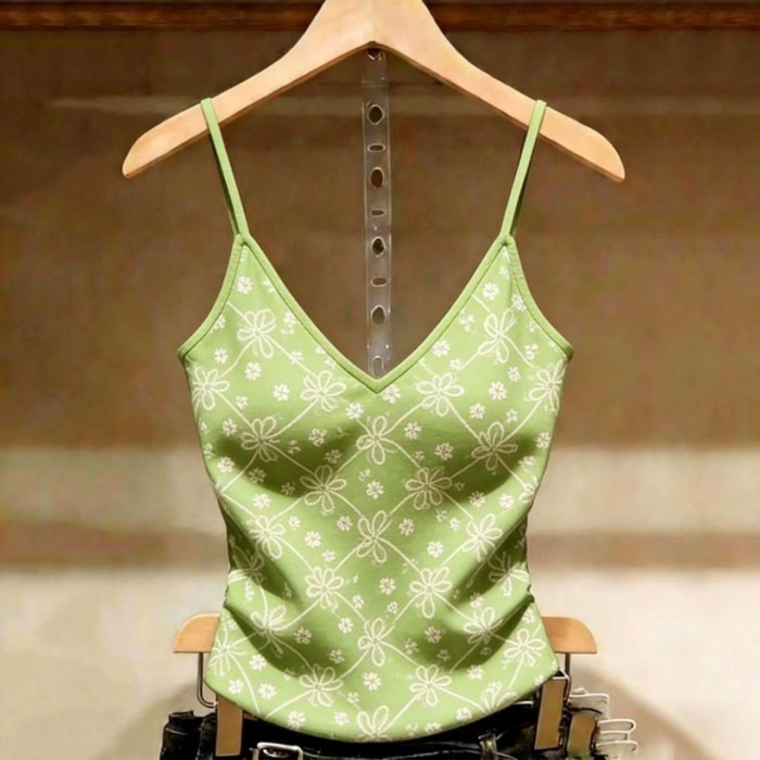 Lan ~ Áo yếm kiểu Pháp Mùa hè Phong cách mới không tay Slim-fit Phong cách phương Tây In đáy Top phù hợp
