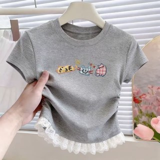 Áo ren nối mùa hè cho bé gái phong cách Hàn Quốc tay ngắn in hoạt hình thiết kế xếp ly dáng ôm vừa