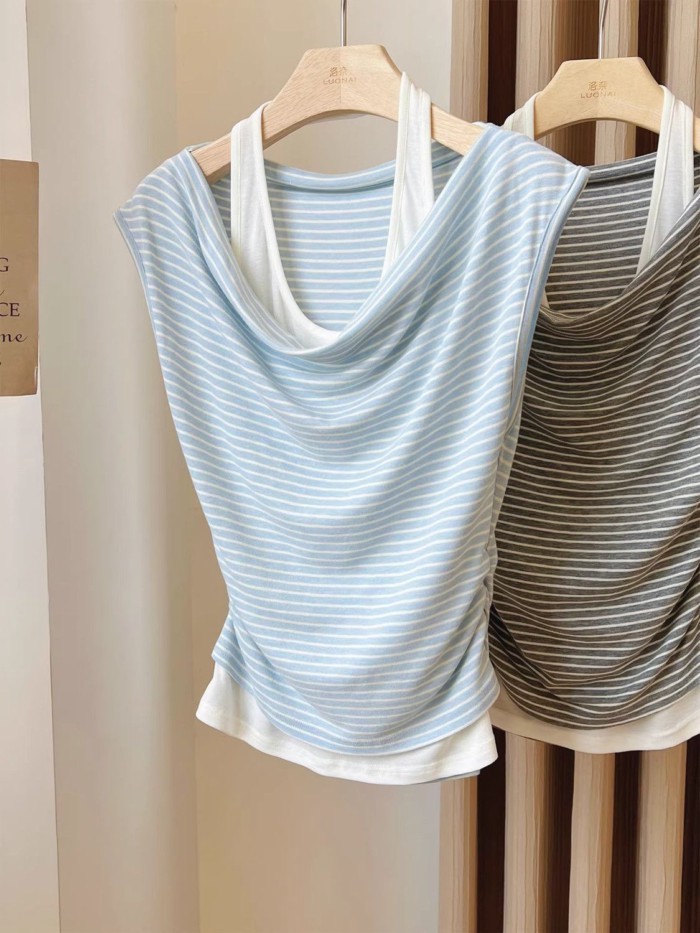 Lan ~ Áo Vest Sọc Nữ Mùa Hè Mặc Bên Ngoài Thiết Kế Mùa Hè Cảm Giác Xếp Ly Hẹp Cổ Dây Giả Hai Mảnh Áo Thun Không Tay Áo Thun