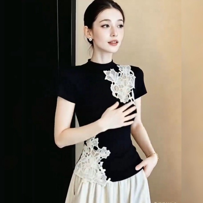 Áo thun ngắn tay phối ren cotton nguyên chất phong cách Trung Hoa mới cho phái đẹp thon gọn tron