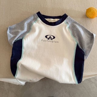 Áo thun cotton ngắn tay trẻ em mùa hè bé trai thương hiệu chữ raglan tay áo thể thao đa năng