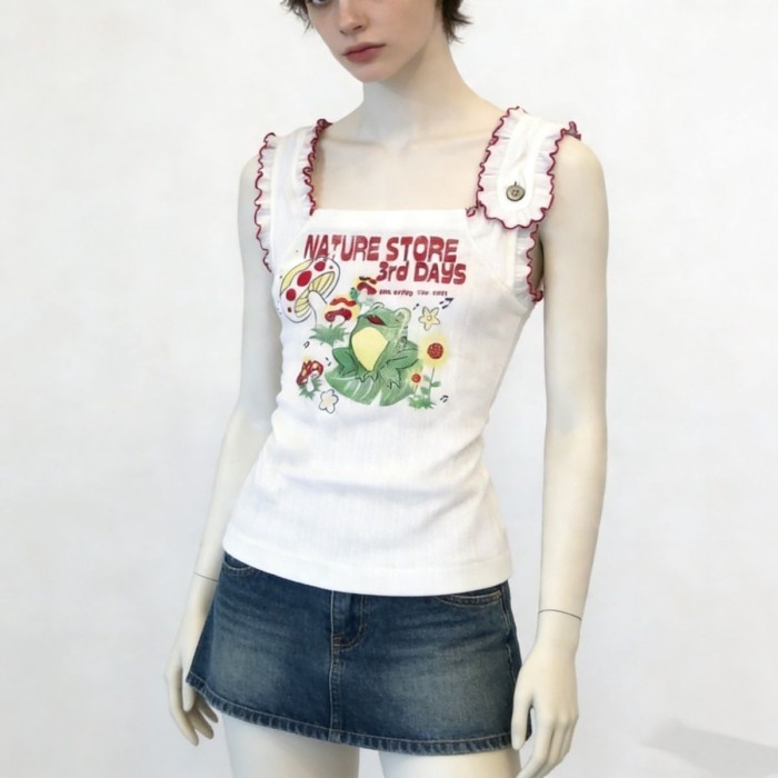 Mỹ Retro nhỏ bay tay áo vest thiên niên kỷ ngọt ngào hottie y2k màu sắc tương phản trẻ con in