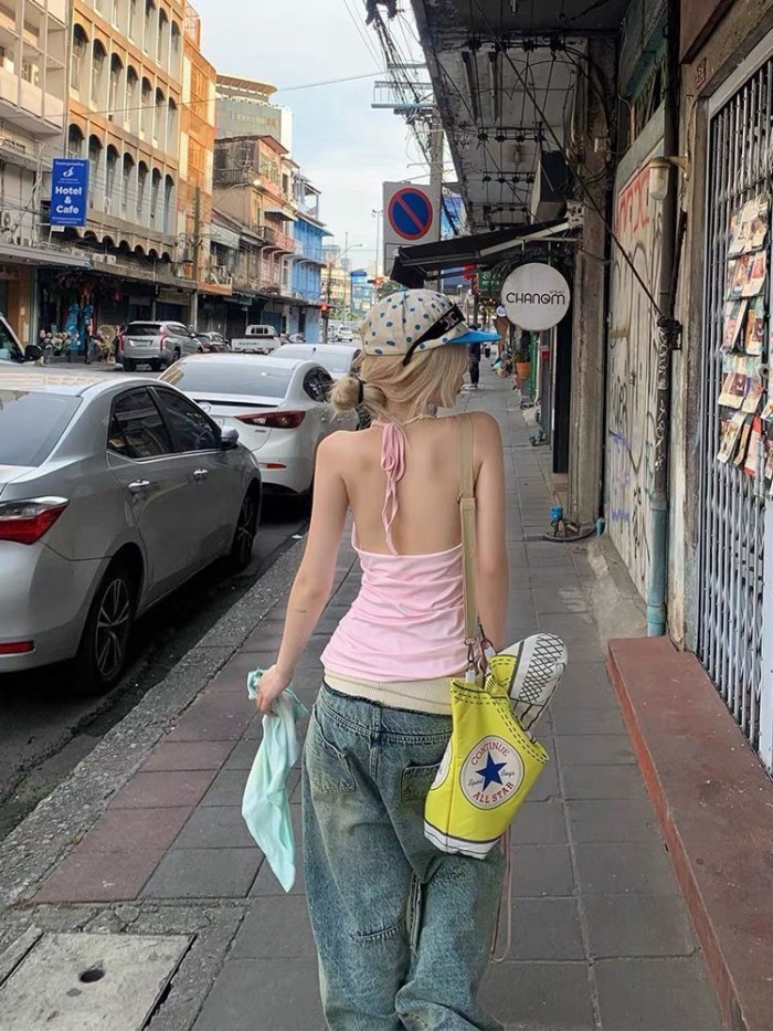 Áo vest hở lưng cổ yếm in hoa của Mỹ dành cho các cô nàng nóng bỏng mùa hè Giảm béo áo không