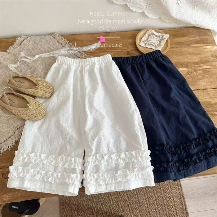 Quần bé gái mùa hè mới quần thẳng ống rộng cotton nguyên chất quần ống rộng viền mỏng thoáng
