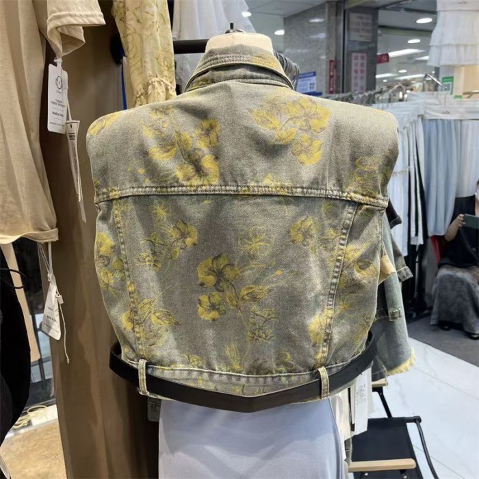 Áo vest denim hoa retro, thiết kế ngắn tay, phù hợp mùa hè