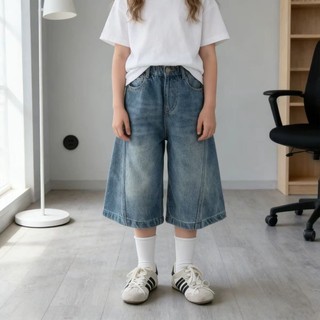 Quần crop denim bé gái phong cách mùa hè quần trẻ em đa năng quần ống rộng ống rộng phong cách Hàn