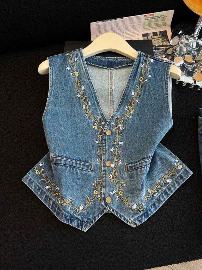 Lan - Áo Khoác Denim Thêu Cho Nữ, Phong Cách Châu Âu Retro Công Nghiệp