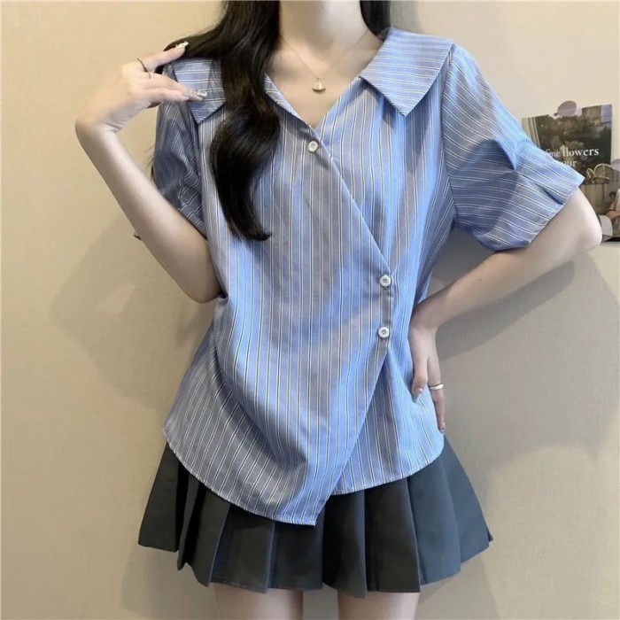 Áo sơ mi cổ chữ V phong cách Pháp cho nữ mùa hè, áo ngắn tay xếp ly không đều cao cấp giảm béo c
