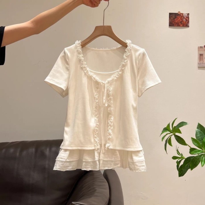 Áo thun hai dây giả ren nấm phong cách Pháp nhẹ nhàng dành cho nữ thời trang mùa hè khí chất