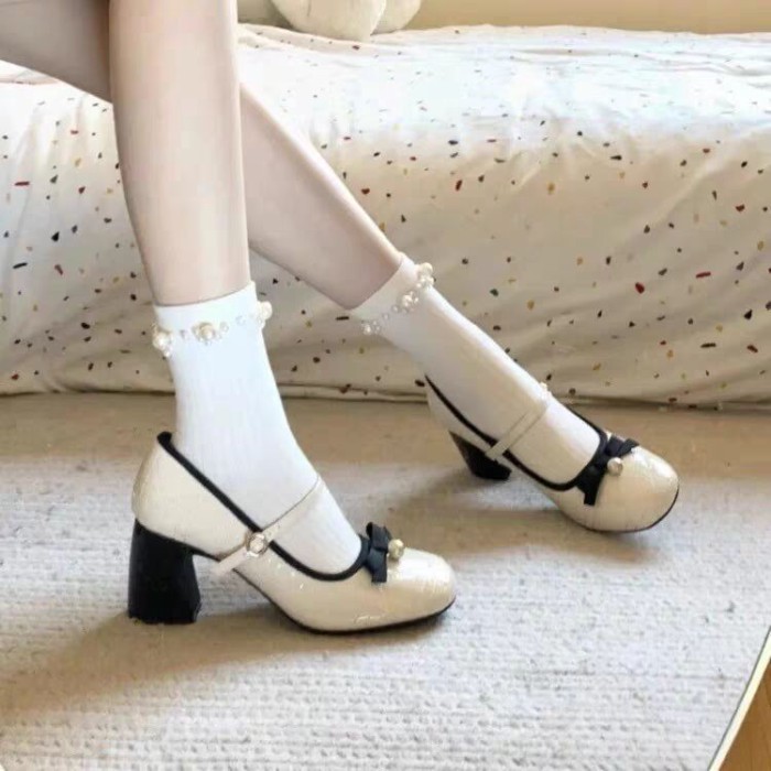 Ngọc trai xinh đẹp phong cách Pháp với váy và giày Mary Jane Giày đơn nữ mới giày cao gót dày