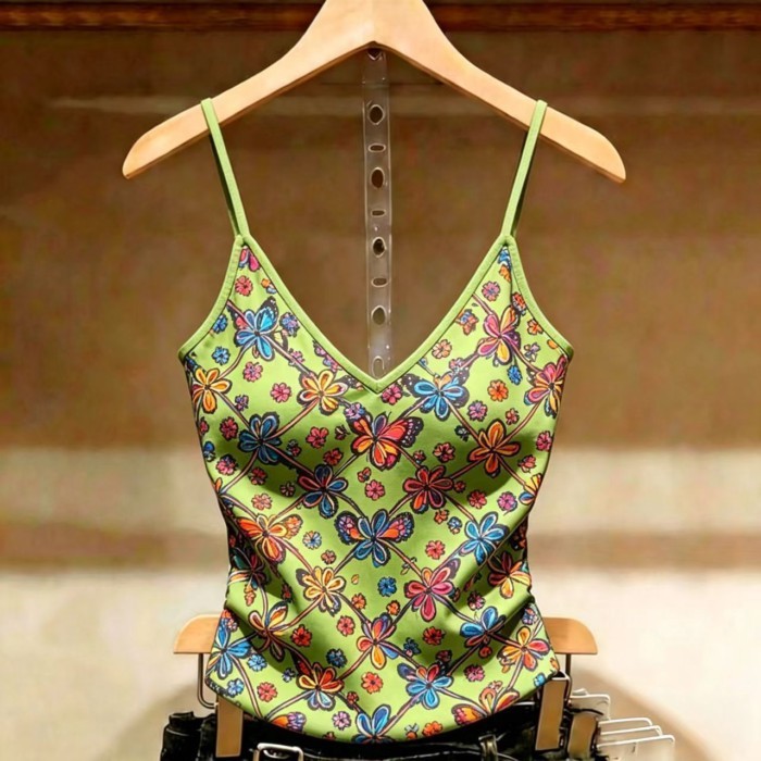 Lan ~ Sản phẩm mới Rò Rỉ Áo yếm Pháp Mùa hè Phong cách mới Không tay Slim-fit Phong cách phương Tây In đáy Top Phù hợp