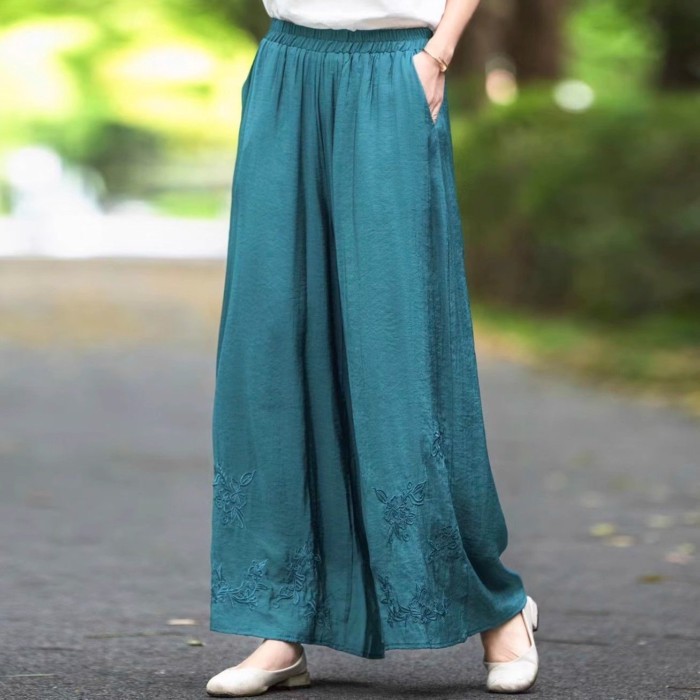 28 Phong Cách Trung Hoa Mới Phong Cách Quốc Gia Thêu Quần Ống Rộng Thêu Retro Nữ Mùa Hè Co Giãn Mỏn