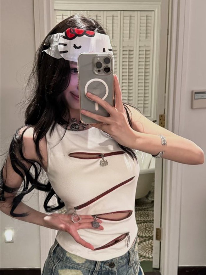 Hot Girl Mỹ Dây Kéo Khoét Hở Cổ Tròn Yếm Nữ Mùa Hè Mỏng, Độc Đáo Và Tinh Khiết Sắc Không Tay