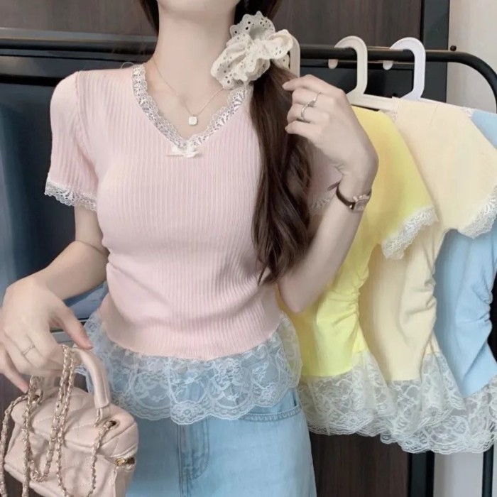 thun hai mảnh giả ren nối ren phong cách nhẹ nhàng dành cho nữ Áo thun cổ chữ V mới che bụng