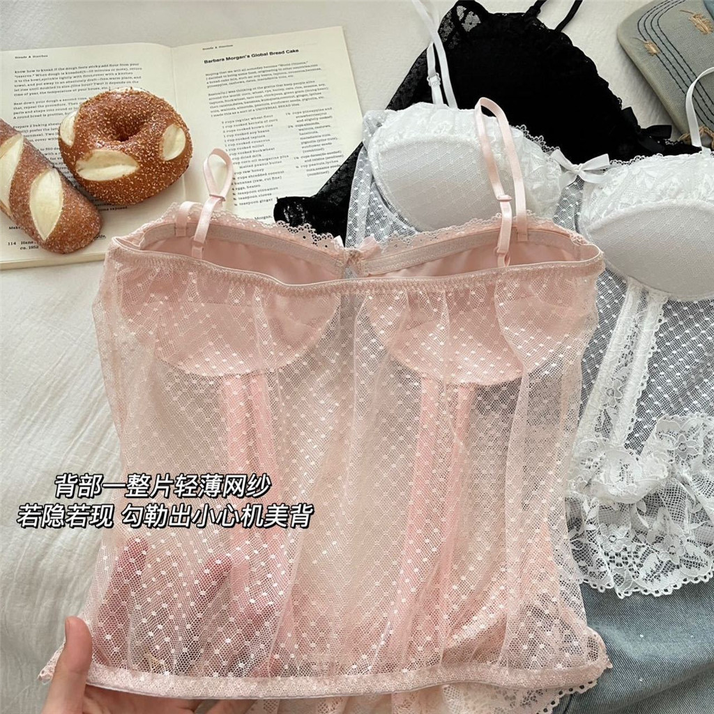 Xương Cá Ống Top Vest Có Miếng Lót Ngực Cô Gái Có Phối Cảnh Gợi Cảm Chấm Bi Lông Tơ Ren Ngọt Ngào Sling